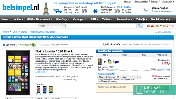 Nokia Lumia 1520 bij Belsimpel.nl