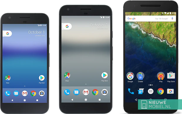 Google Pixel, Pixel XL en Nexus 6P naast elkaar