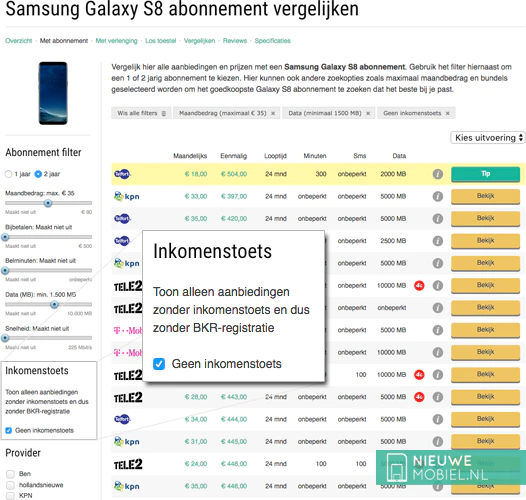 Inkomenstoets filter