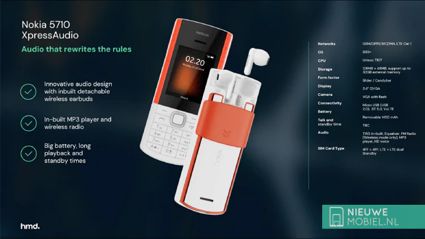 Specifiche principali del Nokia 5710 XpressAudio