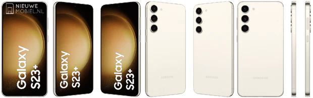 Press material showing the Samsung Galaxy S23+ from all angles in Cotton Flower