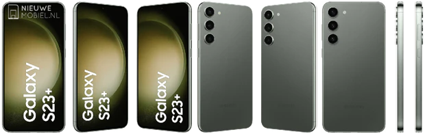 Press material showing the Samsung Galaxy S23+ from all angles in Botanic Green