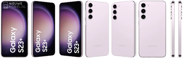 Press renders showing the Samsung Galaxy S23+ in Misty Lilac from all angles