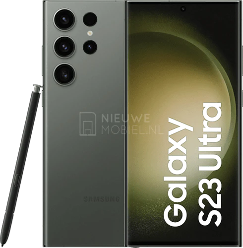 Samsung Galaxy S23 Ultra render front and back with S Pen in Green
