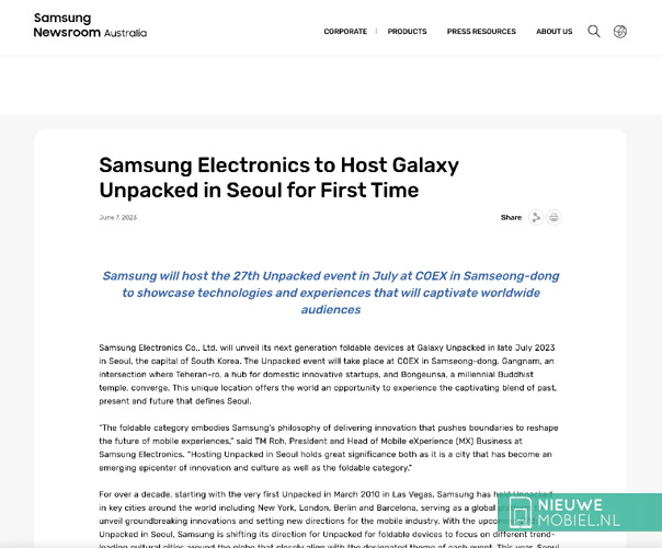 Samsung Newsroom Australia blog post about the next Galaxy Unpacked at COEX