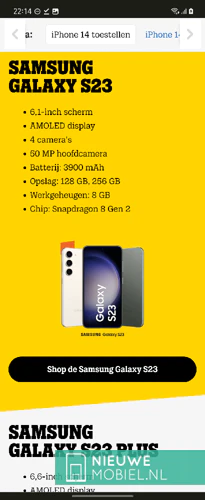 Tele2 website showing the main features of the Samsung Galaxy S23