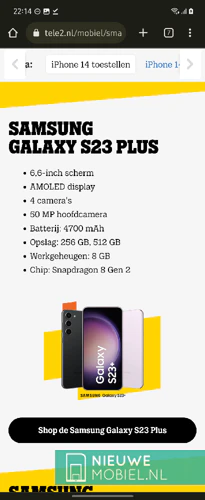 Tele2 website showing the main features of the Samsung Galaxy S23 Plus