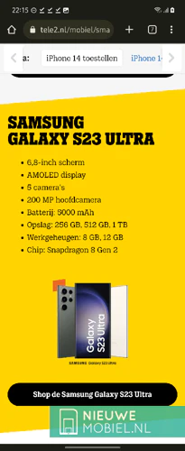 Tele2 website showing the main features of the Samsung Galaxy S23 Ultra