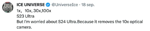 @UniverseIce tweet about the Samsung Galaxy S24 Ultra zoom camera