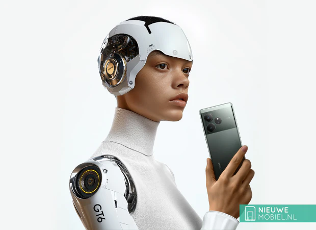 Futuristic looking droid holding the realme GT 6 phone