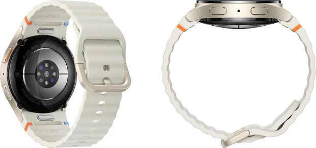Samsung Galaxy Watch 7 in White/Gold showing from the rear and side by Evleaks