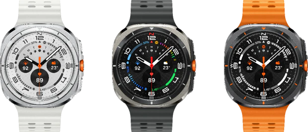 Samsung Galaxy Watch Ultra from the front in White/Silver, Black, and Grey/Orange via Evleaks