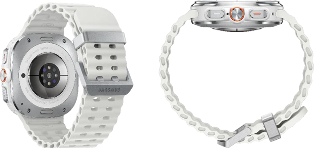 Samsung Galaxy Watch Ultra in Silver/White from the rear, and from the side via Evleaks