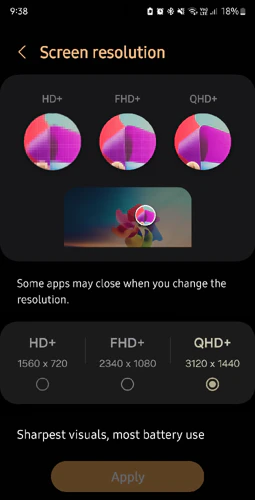 Samsung Galaxy S24 Plus settings menu, screen resolution