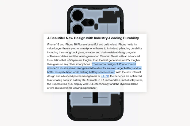 Apple Press Release about iPhone 16 about larger battery and better heat dissipation