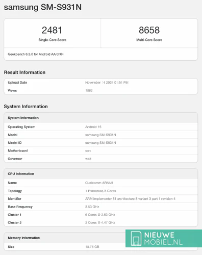 Samsung Galaxy S25 Geekbench with 12GB RAM