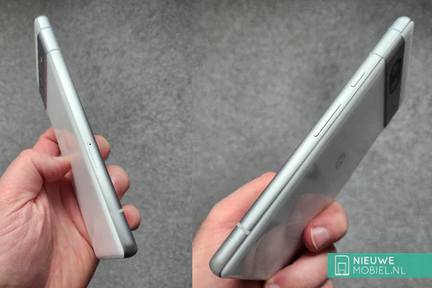Left and right side of the Google Pixel 7a in Snow White