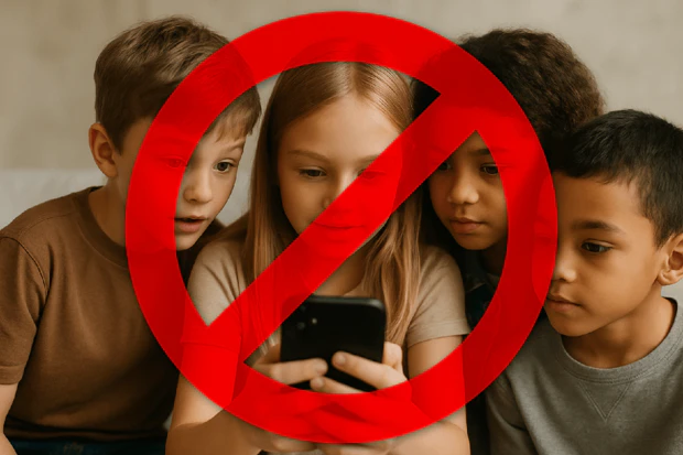 Kids On Smartphone With Forbidden Sign Kids On Smartphone With Forbidden Sign