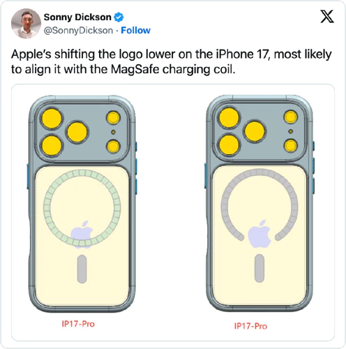 Sonny Dickson Tweet about the position of the logo on the iPhone 17 Pro