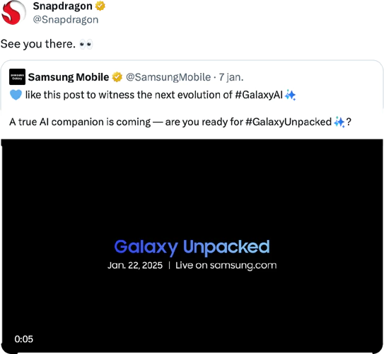 Snapdragon account mentioned Samsung S25 Series tweet