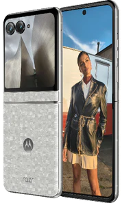 Motorola razr 70 in Hellweiß mit Aluminiumrahmen und Marmorierung