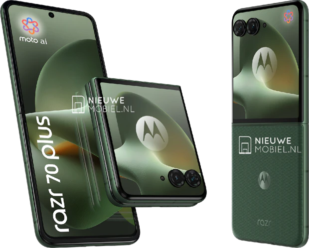 Parte delantera, lateral y trasera del Motorola razr 70 plus verde oscuro con textura tejida y cámara dual