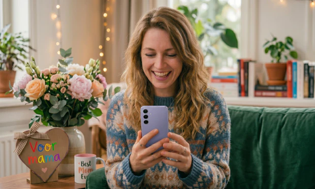 Moeder geniet van haar nieuwe smartphone Moederdag cadeau
