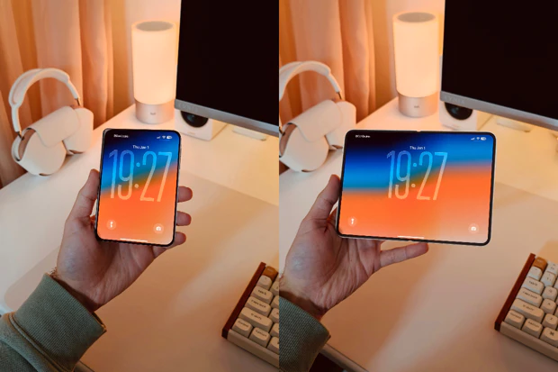 Render dell'iPhone Fold Ultra argentato, piegato e dispiegato con display widescreen