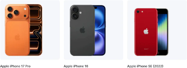 Sammenligning af iPhone 17 Pro-, iPhone 16- og iPhone SE-formater