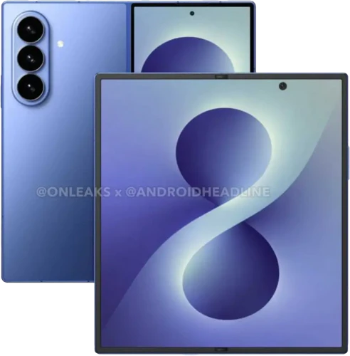 Leaked 3D CAD render of an unfolded, blue Samsung Galaxy Z Fold 8 with visible screen, hinge, and triple camera module on the back