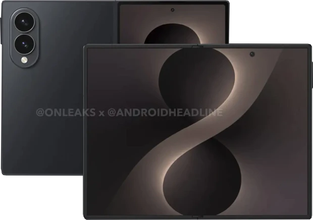 CAD render of the unfolded Samsung Galaxy Z Fold Wide in black, with a strikingly wide 4:3 screen ratio and only two cameras on the back