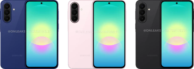 Samsung Galaxy A27 färgvarianter pressrendering Officiell pressrendering av Samsung Galaxy A27 i matt rosa, antracitgrå och pastellblå, liggande sida vid sida med fokus på baksidan