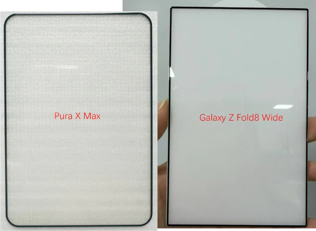 Vergelijking displayformaat Galaxy Z Fold 8 en Huawei Pura X Max Glazen, transparante screenprotector met afgeronde hoeken van de Huawei Pura X Max (links) naast het bredere, rechthoekige glazen paneel voor de Samsung Galaxy Z Fold 8