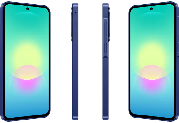 Blaues Samsung Galaxy A27 von vorne und von der Seite Blaues Samsung Galaxy A27 von vorne und von der Seite