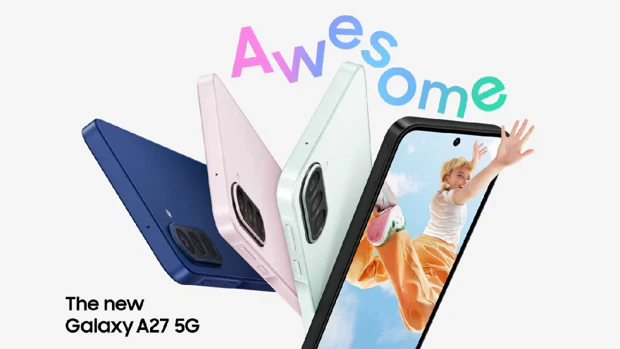 Offizielle Pressematerialien zeigen das Samsung Galaxy A27 in seinen vier zukünftigen Farben Vier Farbvarianten des Samsung Galaxy A27: Dunkelblau, Pastellrosa, Mintgrün und Mattschwarz