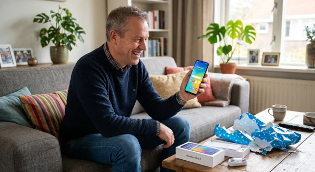 Vader geniet zichtbaar van zijn nieuwe smartphone gekregen voor Vaderdag