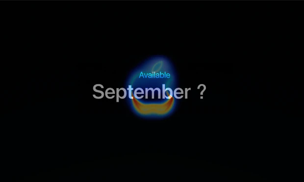 Ab September erhältlich? auf einem Hintergrund mit dem Apple-Logo Ab September erhältlich? auf einem Hintergrund mit dem Apple-Logo