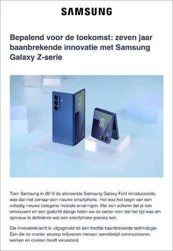 Digitale nieuwsbrief van Samsung over zeven jaar Galaxy Z-innovatie Screenshot van een Nederlandstalige Samsung-mailing op een witte achtergrond met paarse accenten over zeven jaar ontwikkeling van de Galaxy Z-serie