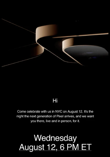Made By Google-uitnodiging voor 12 augustus 2026 om 18:00 lokale tijd in NYC Goudkleurige uitnodiging van Google met het silhouet van de Pixel 11-cameramodule op een donkere achtergrond
