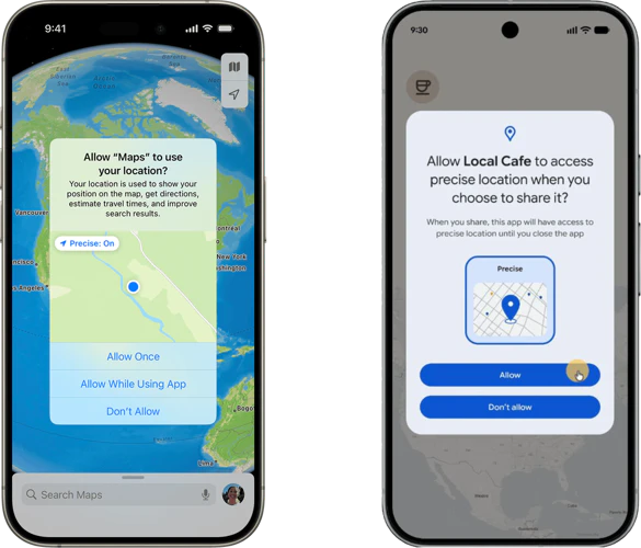Telefoonschermen van iPhone en Android die vragen om toestemming tot de locatiegegevens