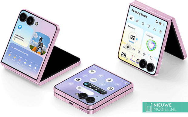 Persafbeelding van driemaal de Samsung Galaxy Z Flip 8 in het roze op ingeklapt en uitgeklapt Persafbeelding van driemaal de Samsung Galaxy Z Flip 8 in het roze op ingeklapt en uitgeklapt