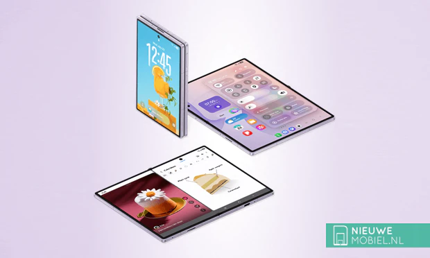 Persafbeelding van de Samsung Galaxy Z Fold 8 in Lavender-paars ingeklapt en uitgeklapt Persafbeelding van de Samsung Galaxy Z Fold 8 in Lavender-paars ingeklapt en uitgeklapt