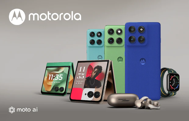 Different Motorola products from phones to wireless earbuds