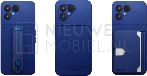 Driemaal de Fairphone Gen. 6+ in Cobalt Blue met bijpassende accessoires achterop