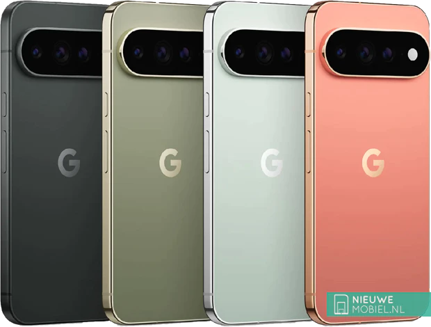 Achterkant Google Pixel 11 Pro XL in vier kleuren: zwart, groen, lichtblauw en roze