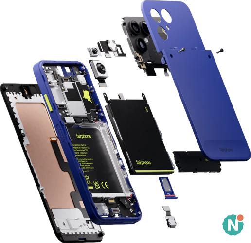 Fairphone Gen. 6+ losse onderdelen Fairphone Gen. 6+ in Cobalt Blue uit elkaar gelegd met de losse vervangbare onderdelen