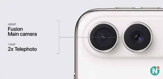 Apple iPhone Duo camerasysteem Close-up van de dubbele 48MP camera op de Apple iPhone Duo