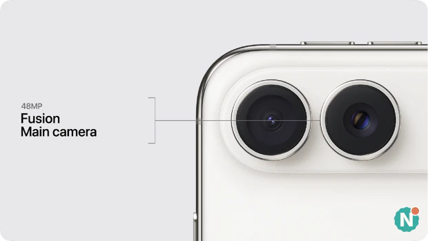 Close-up of the 48MP Fusion main camera on the back of the Apple iPhone Duo