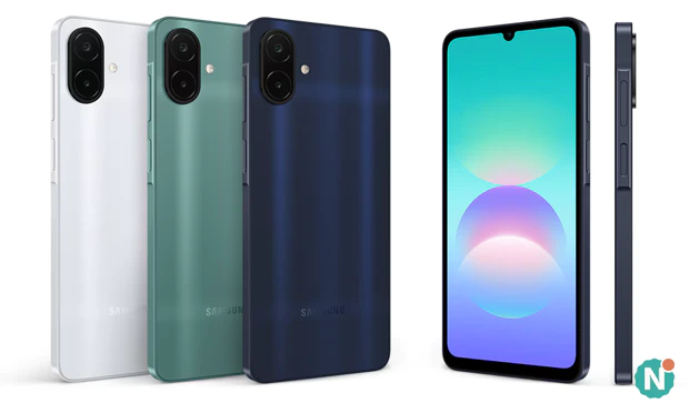 Samsung Galaxy A08 in drie kleuren Samsung Galaxy A08 in zilver, groen en donkerblauw, voor- en achterkant