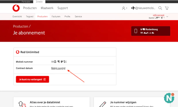 Vodafone verlopen looptijd abonnement Schermafbeelding van de Mijn Vodafone-omgeving waarin de verlopen looptijd van een mobiel abonnement pas na een klik op een link zichtbaar is